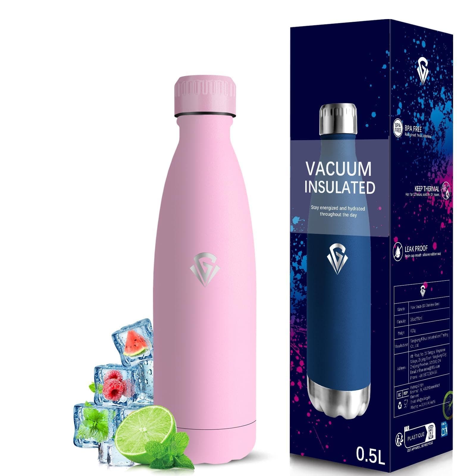 Gourde Grsta Isotherme 500ml Rose - 24h Froid & 12h Chaud, Anti-Fuite, Inox Sans BPA, Facile à Transporter, Bouteille d'