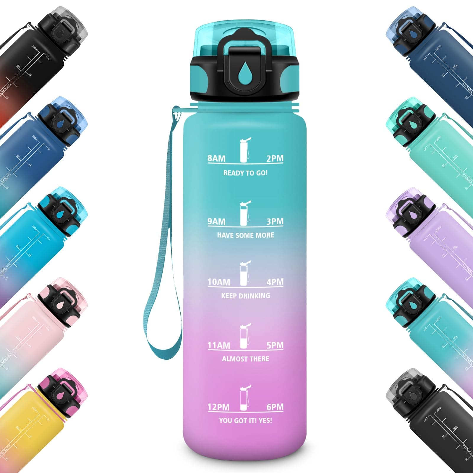 HoneyHolly Gourde 500ML Étanche & Réutilisable, Gourde Sport Motivation Marqueur Anti-fuite, Bouteille d'eau pour Gym &