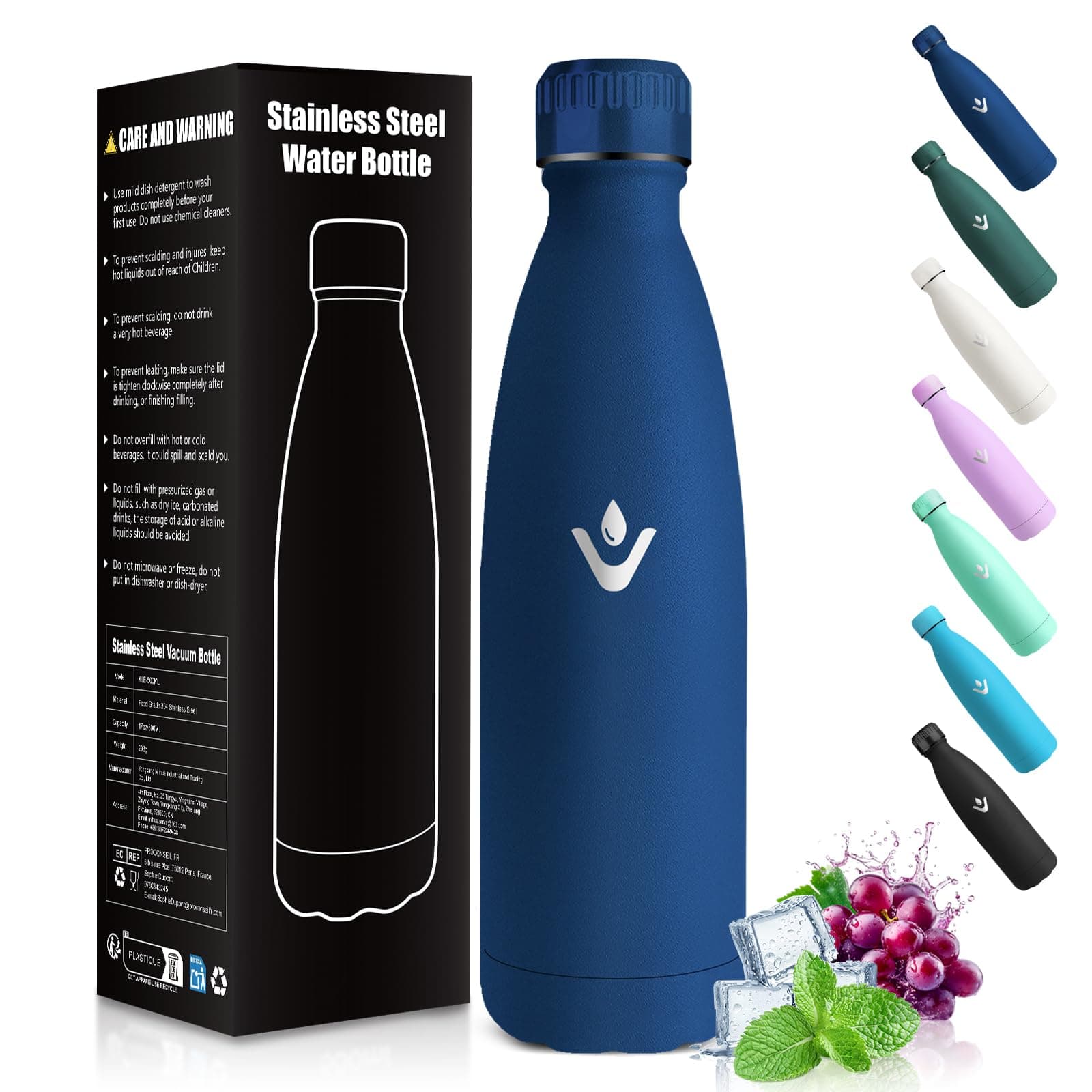 Gourde Enfant HoneyHolly Acier Inoxydable 18/8 Bleu Foncé Étanche Double Isolation Pour Camping Écoles Gymnases