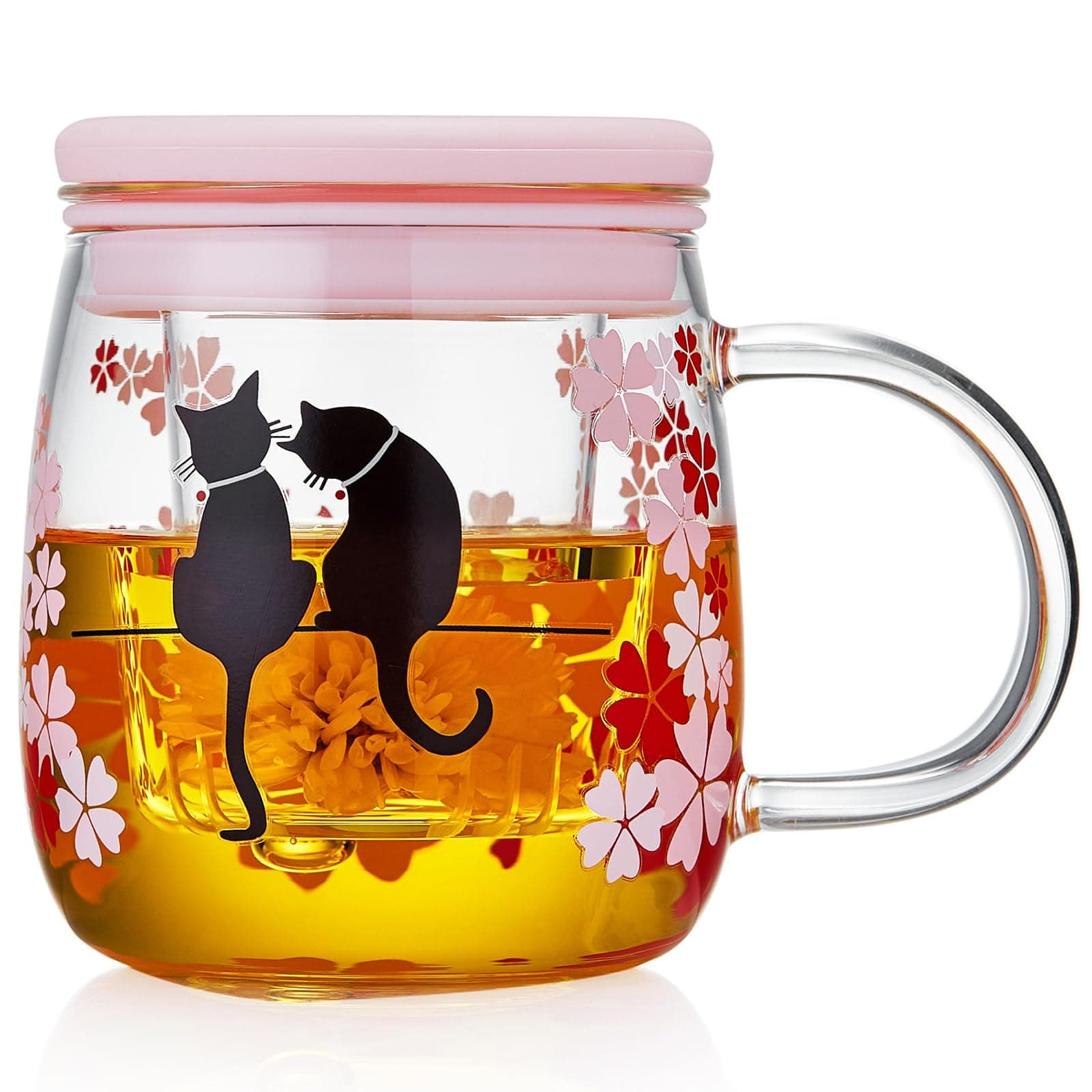MEISINNI Tasse à Thé Magique Sakura & Chat Bleue pour Femmes, 480 ml Mug Transparent avec Infuseur, Idéale pour Thé en V