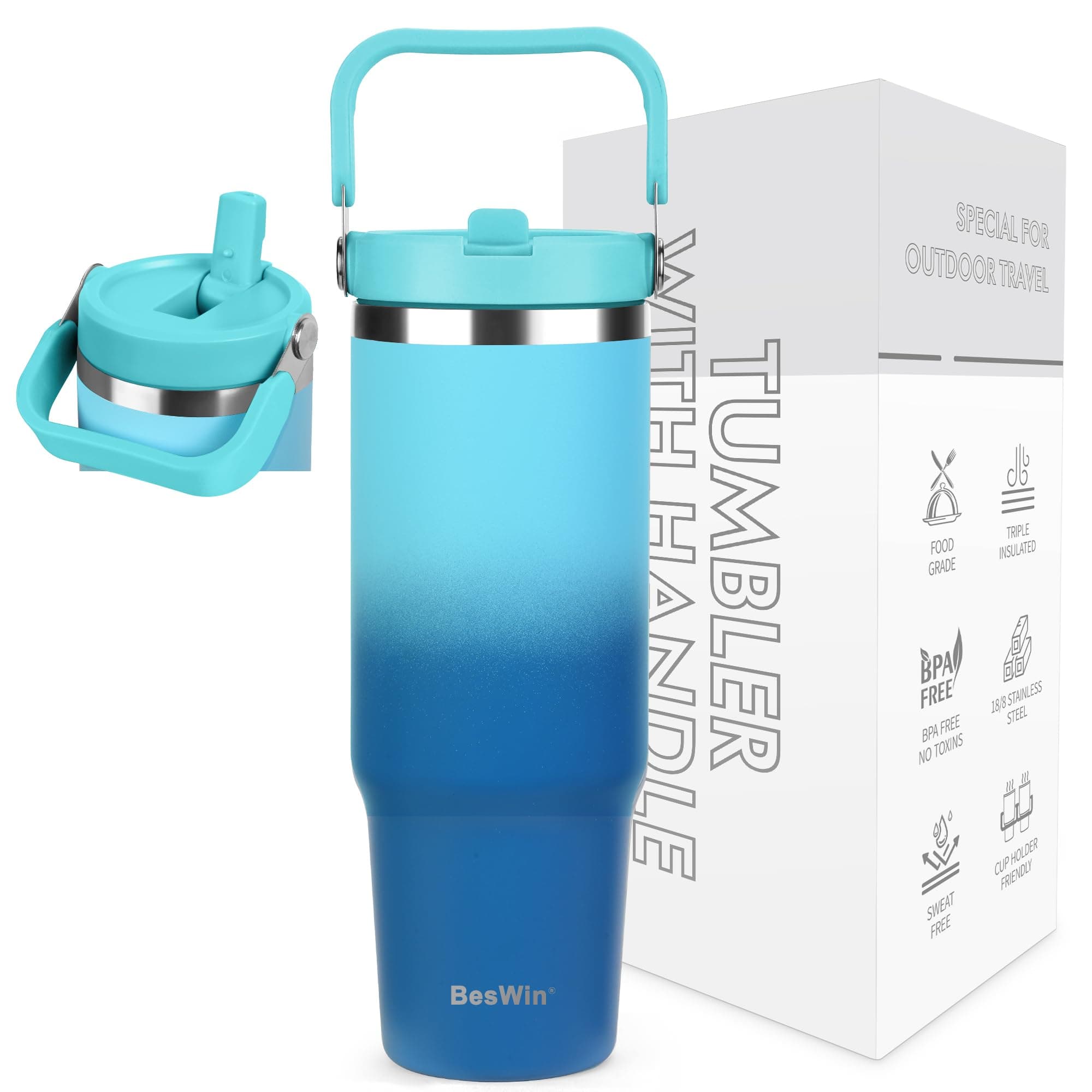 BesWin Gourde isotherme en acier inoxydable – Idéale pour sportifs – Isolation sous vide double paroi Bleu(Clair et prof