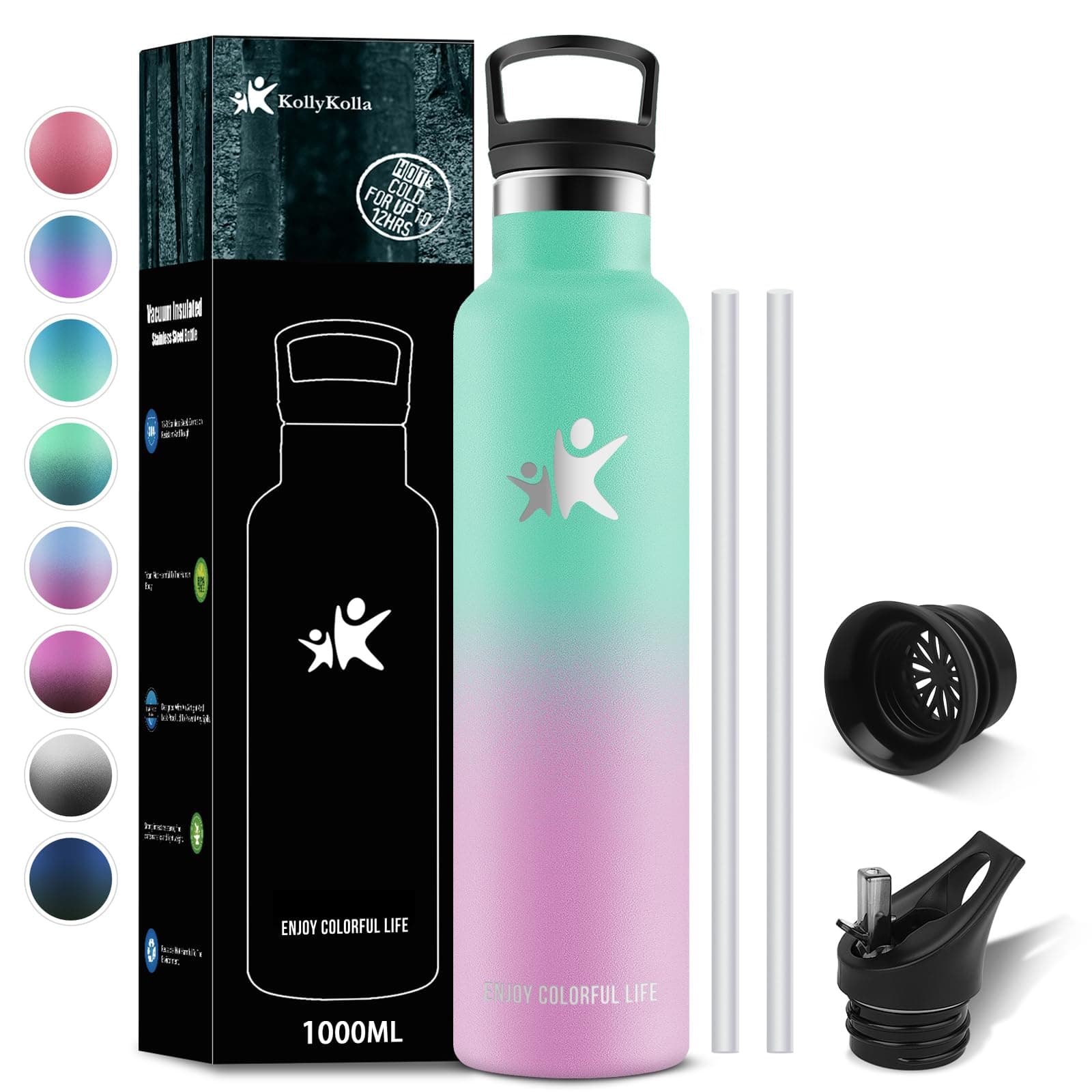 KollyKolla Gourde Isotherme 1L, Inox avec Paille, Anti-Fuite, Réutilisable pour Enfant et Adulte, Sport, Voyage - 2 Couv