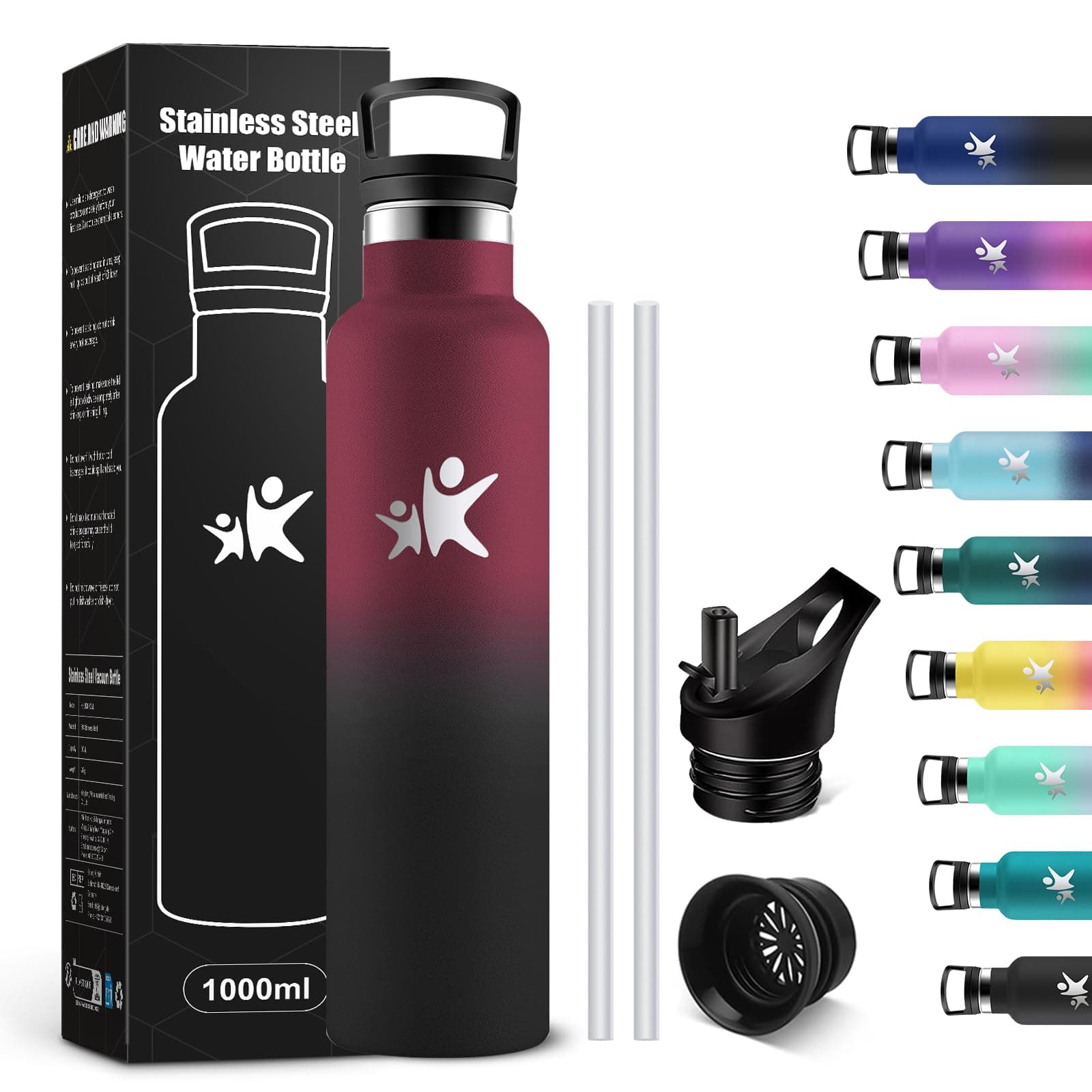 Gourde Isotherme KollyKolla 1L Acier Inoxydable Étanche Réutilisable sans BPA Gourde Sport Enfant Adulte