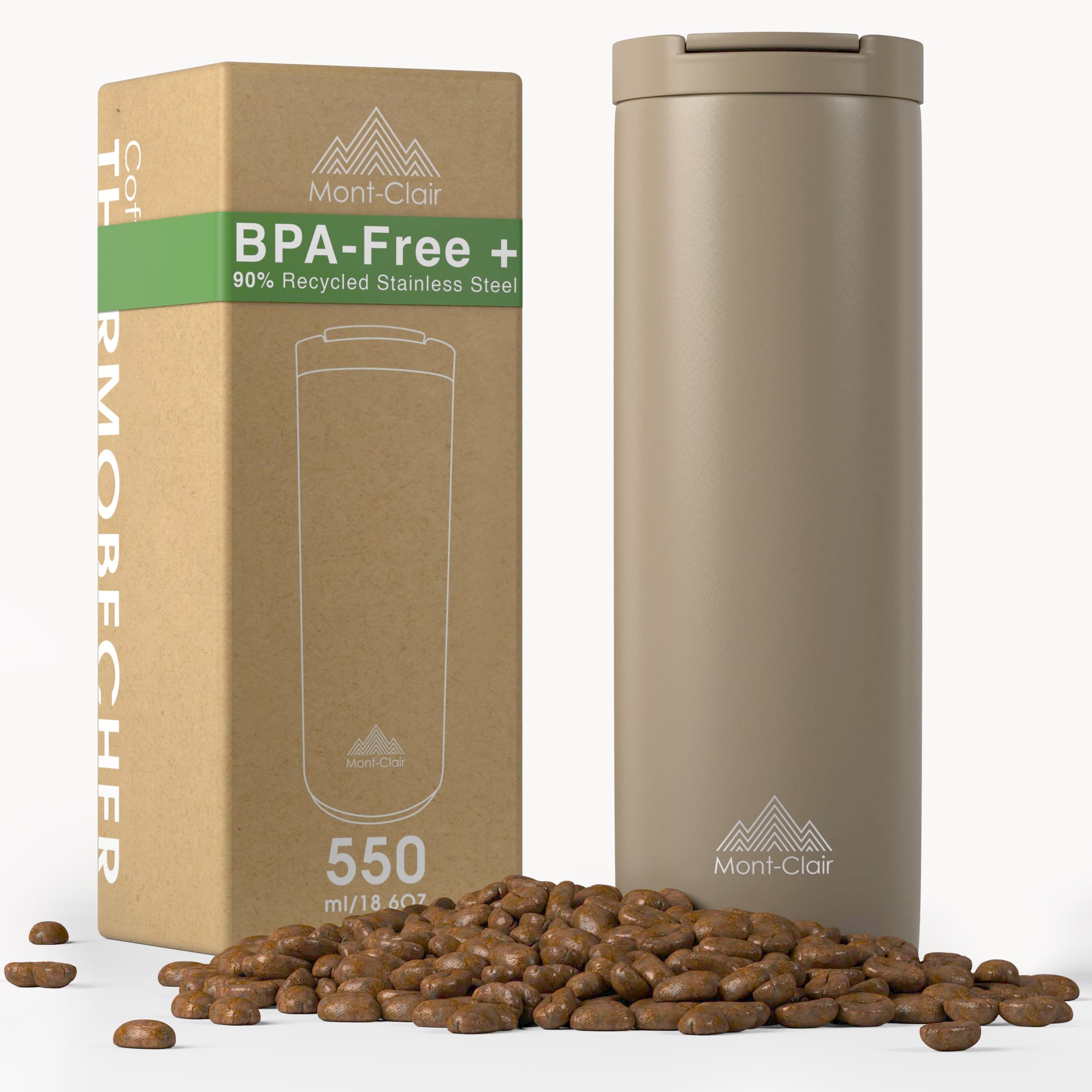 Mont-Clair Tasse Café Écologique 550ml - Mug Isotherme 12h - 100% Étanche en Acier Inoxydable Recyclé